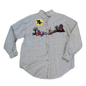Vintage Halloween Embroidered Button Up Shirt Witch Pumpkin Haunted House Size M